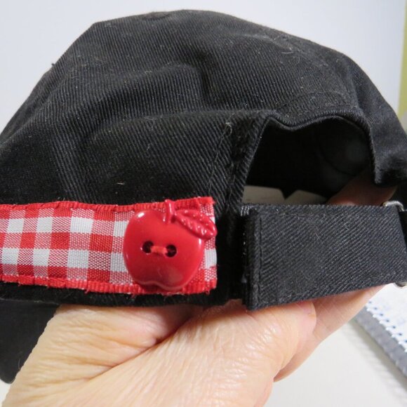 Black and red fabric baseball cap with flowers & red gingham trim Hat - Picture 3 of 10